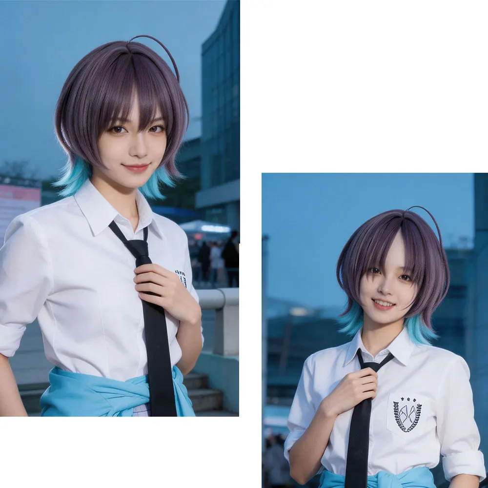 STER SHINY COLORS Asakura Tooru Cosplay Hair Set, Short Gradient Brown Purple Gray Blue Heat Resistant Wig Includes Wig Cap