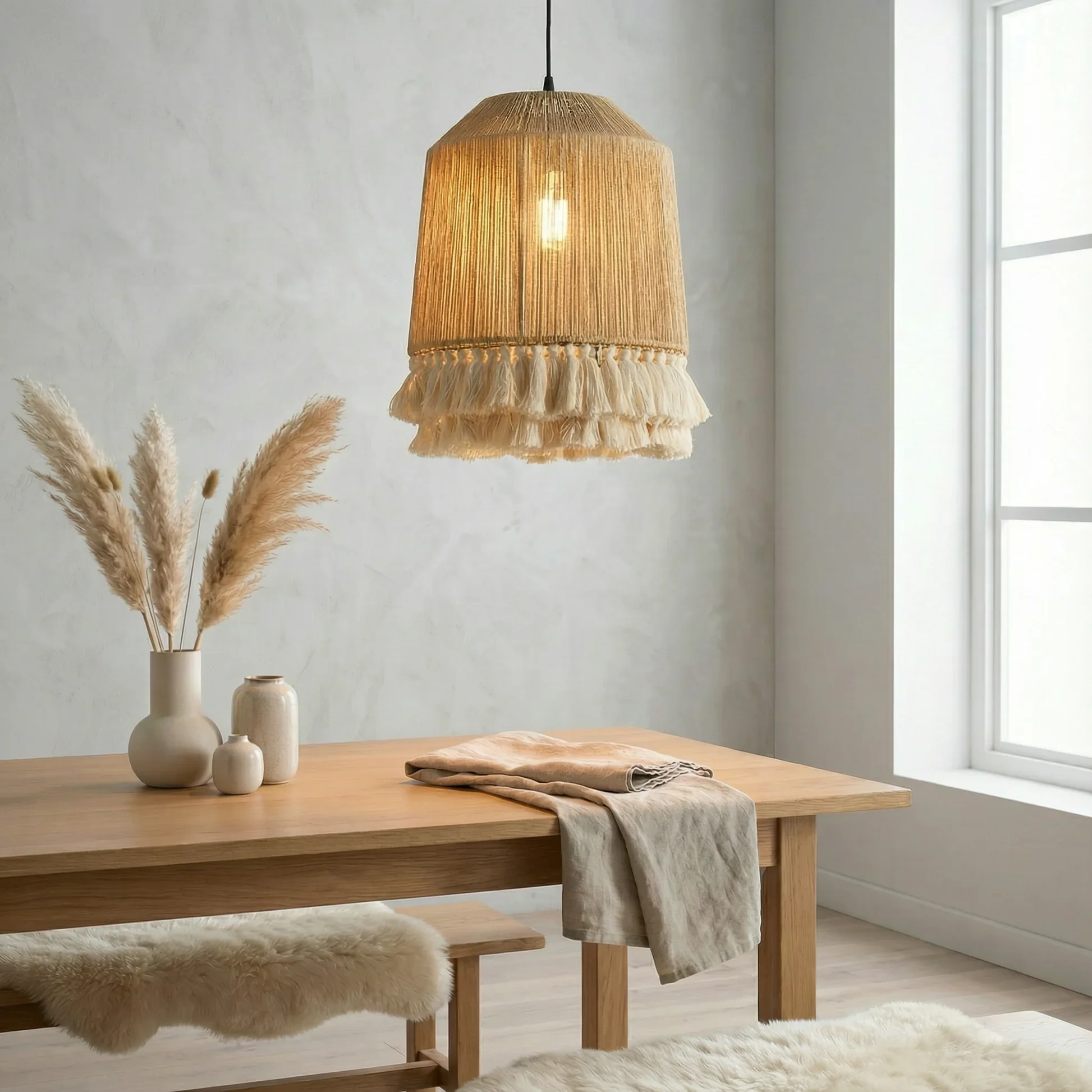 JOYINLED 30cm Jute Rope Chandeliers Pendant Light with Tassels, Boho Woven Hanging Lamp for Dining Room, Bedroom and Living Room