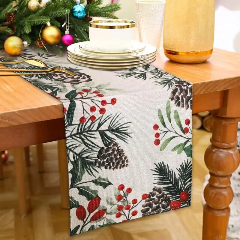 VIKAMA Christmas Table Runner Joy To The World Xmas Tree Snowflake Ornaments Dining Table Home Winter Holiday Party Decor