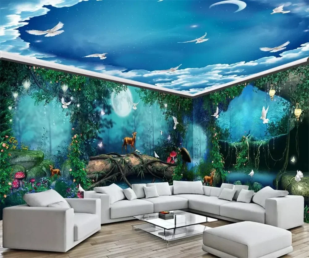 Custom wallpaper 3d giant painting super aesthetical dream forest moonlight whole house wallpaper dream fairy tale forest mural