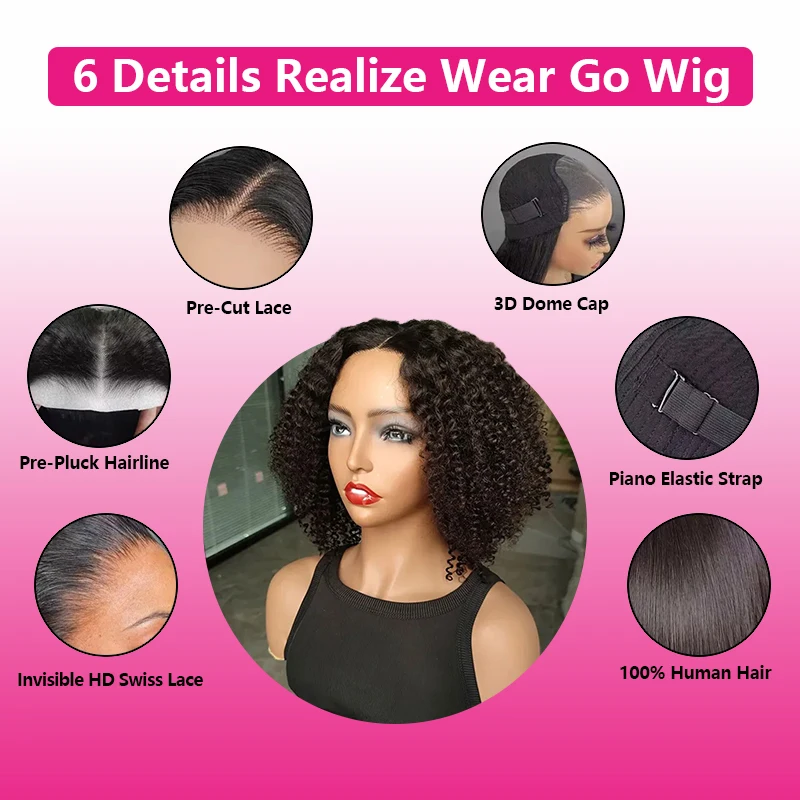 Wear And Go Mongolian Kinky Curly Human Hair Wigs Pre Plucked Short Bob 6x4 HD Glueless Curly Lace Closure Wigs For Black Women