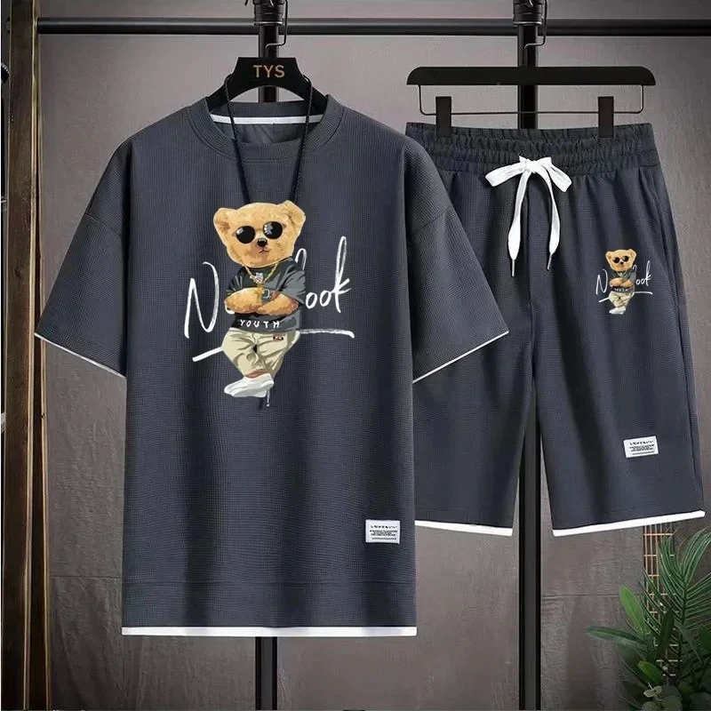 Bear Printing 2-Piece Set Fashion Men's Sports Suit Summer Harajuku Casual Short Sleeve O Neck T-shirt and Sports Shorts US Size