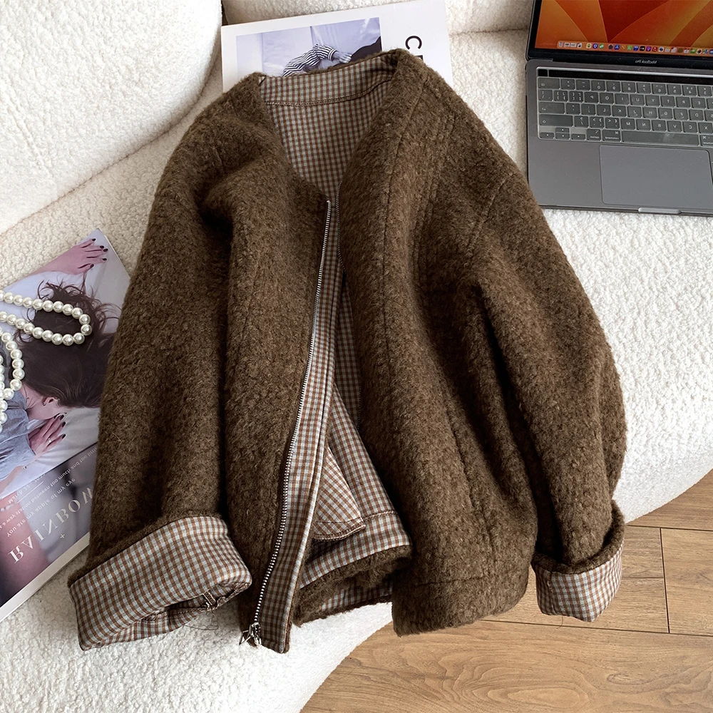 

Plaid Patchwork Lambswool Jackets for Lady Female Autumn Winter Thick Loose Zipper O-Neck Coats Temperament All-Match Outerwears
