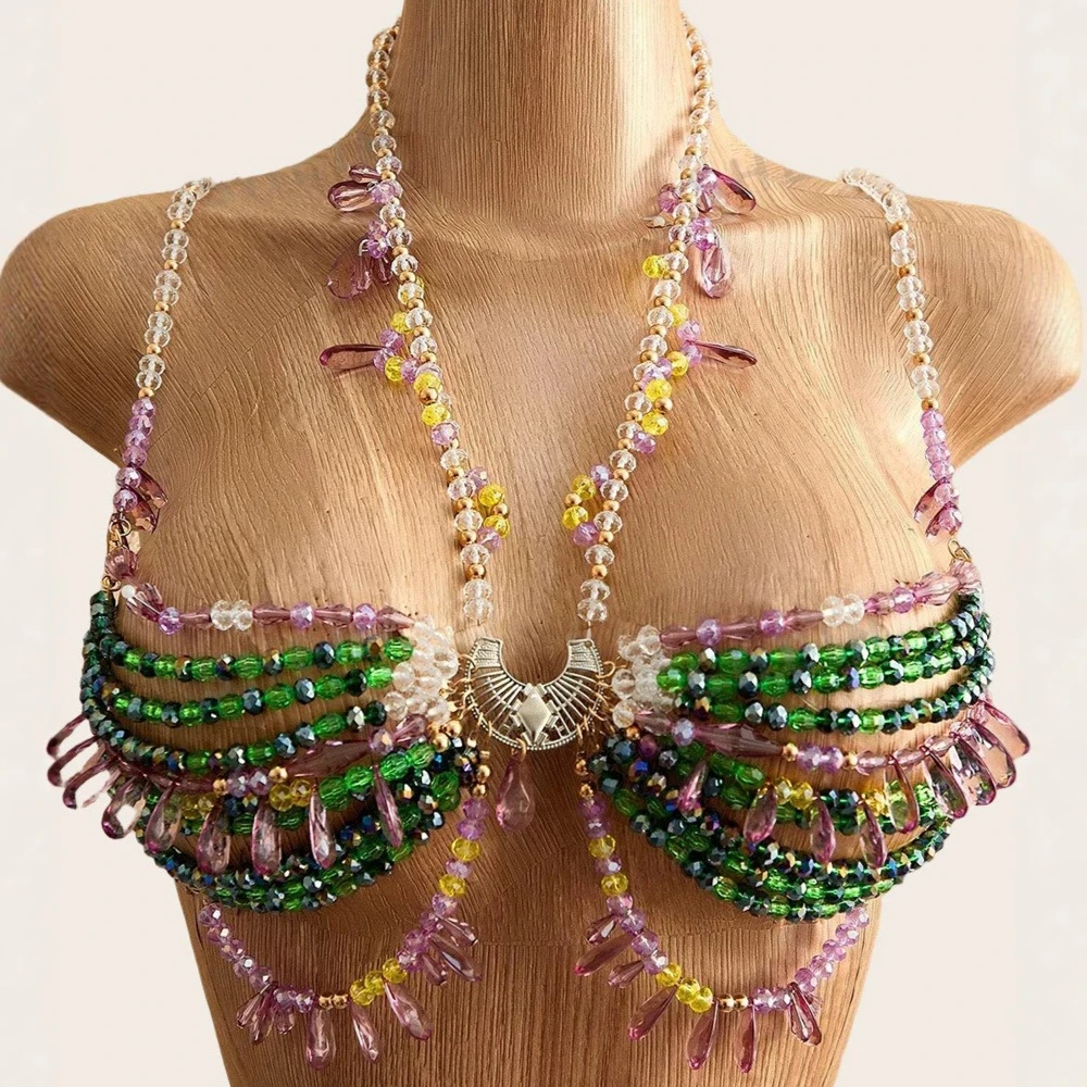 New Design Green Purple Camel Acrylic Crystal Beaded Camis Breast Chain Bikini Top Bra Sexy Summer Festival Party Body Jewelry