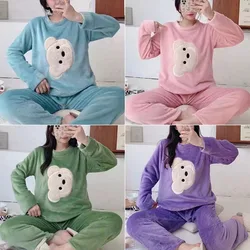 Autumn and Winter Long-Sleeved Thickened Warm Coral Flannel Women Pajamas Set Cartoon Bear Girl Fashion Casual Soft Homewear Xl