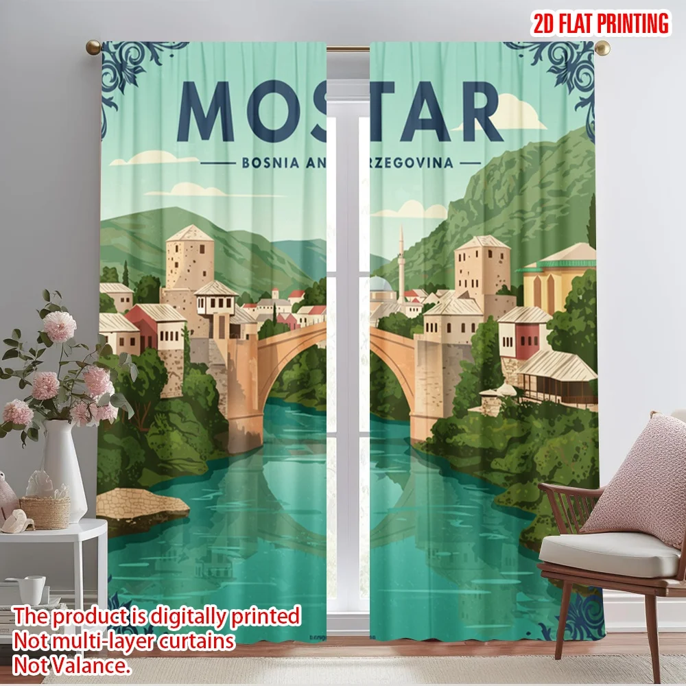 

2pcs 2D flat printing Party Curtain Mostar Bridge Bosnia Herzegovina 100% Polyester Fabric Without Electricity Birthday Party