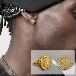 Luxury Shiny Round Earrings For Men Women Hippie AAA+ Cubic Zirconia Gold Color Ear Stud Classic Simple Hip Hop Jewelry OHE167