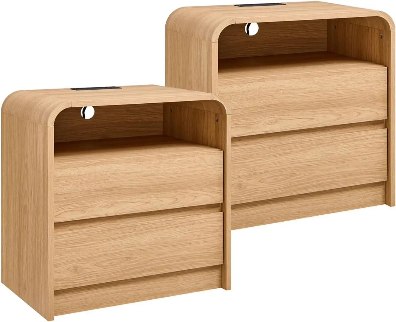 

25" Tall Modern Nightstand Set of 2, 23.6'' Wide Wood Bedside Table w/2 Storage Drawers, Charging Station, Mid Century E