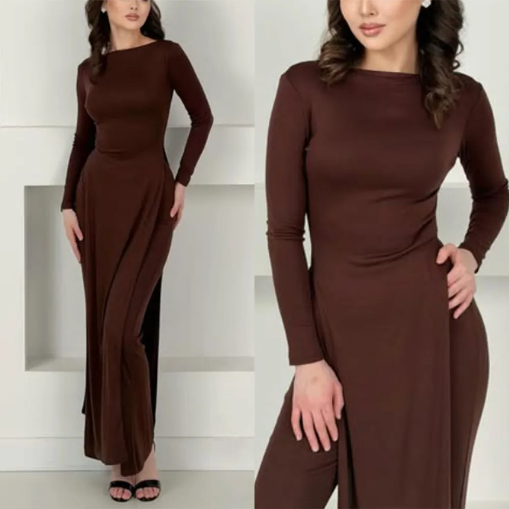 

Высококачественное индивидуальное коричневое женское платье макси с круглым вырезом, длинными рукавами, длиной до щиколотки, элегантное, формальное, Vestidos Mujer Elegantes Formal فساتين سيرين