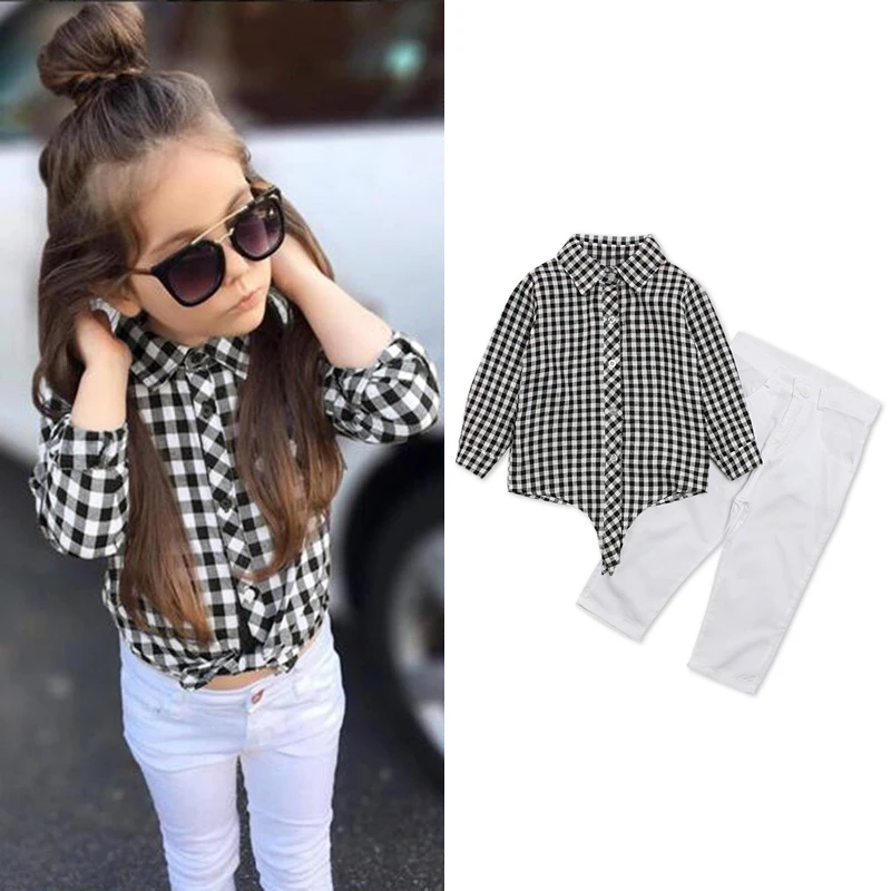 

Fashion Kid Girl Clothes Long Sleeve Plaid Shirt+White Pant 2Pcs Set Teen Girl Blouse Casual Outfit Baby Tracksuit Children A684