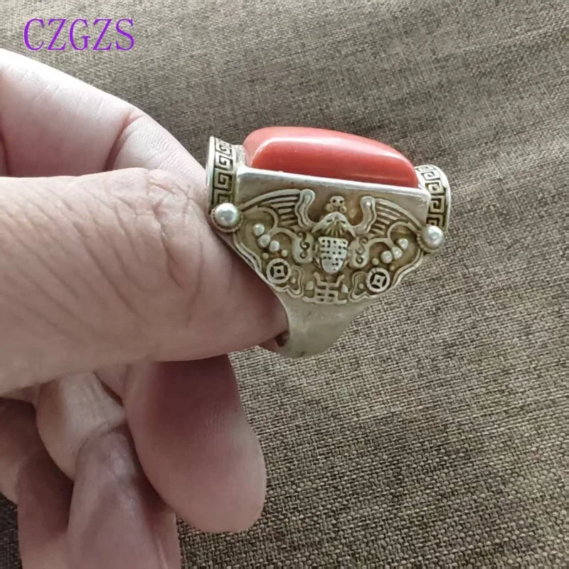 Ethnic Retro Adjustable Ring for Men Women, Square Red Imitation Coral Stone, Geometric Relief Pattern Tribal Finger Ornament