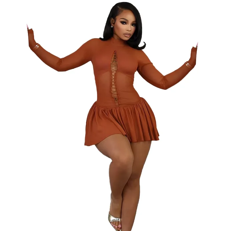 Sisterlinda Autumn Release Junior Above Knee Mini High Street Dress M24D62317Girl Solid Slim Transparent Hollow Out Fashion Robe