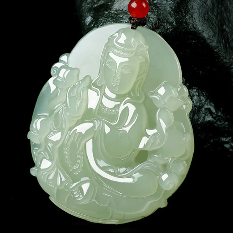 

Hetian Green And White Jade Pendant Guanyin Necklace With Certificate