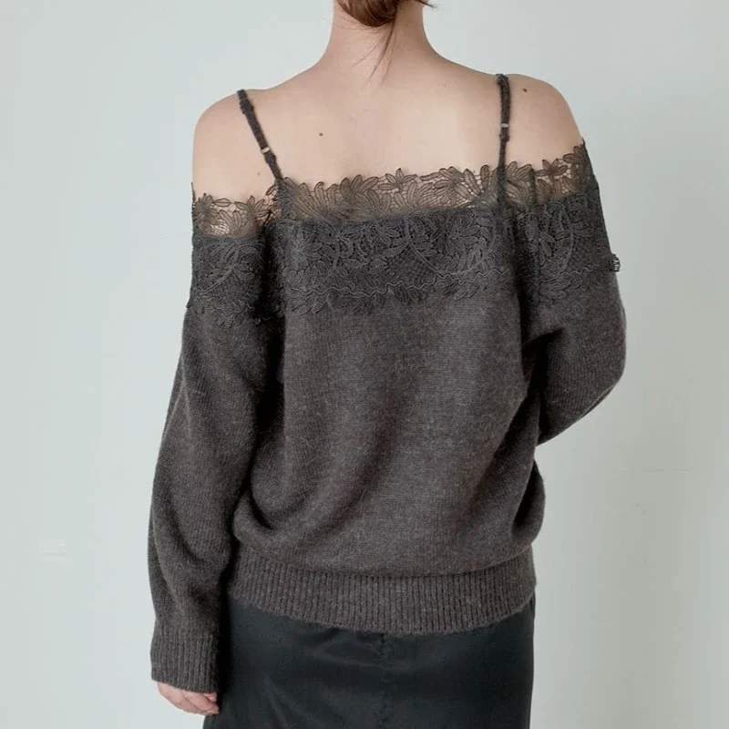 Sweet Lace Hook Flower Patchwork Slash Neck Pullovers Loose Casual Solid Knitted Pull Femme 2024 Autumn Winter Japanese Sweaters