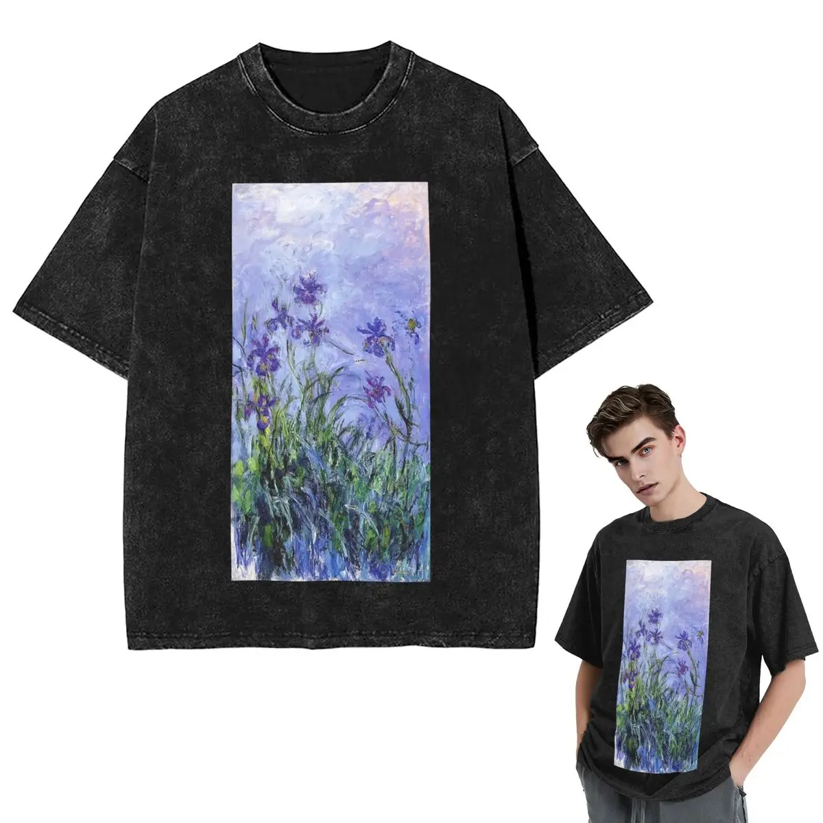 Streetwear T-Shirts Claude Monet Lilac Irises 191 Washed T Shirt Short Sleeve Hip Hop T-Shirt Tops Tees for Men Women