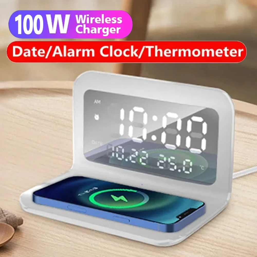 100W Wireless Charger Pad Stand with Alarm Clock Thermometer for iPhone 14 13 12 15 X Xiaomi Samsung Phone Fast Charging Station