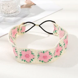 AWAYTR Bohemian Pink Flower Crochet Turban Hair Bands Vintage Fashion Knit Hair Scarf For Women Headband Hair Accessories