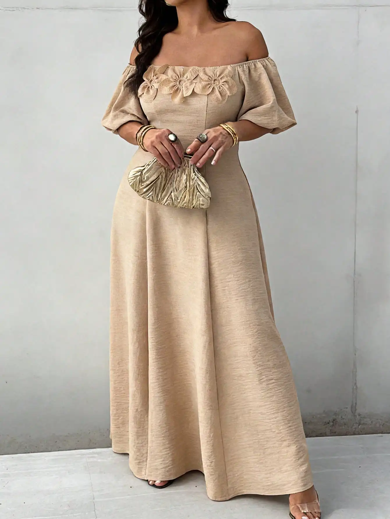 

Off-Shoulder Maxi Dress with 3D Floral Appliqué, Solid Beige, Flowy Fit