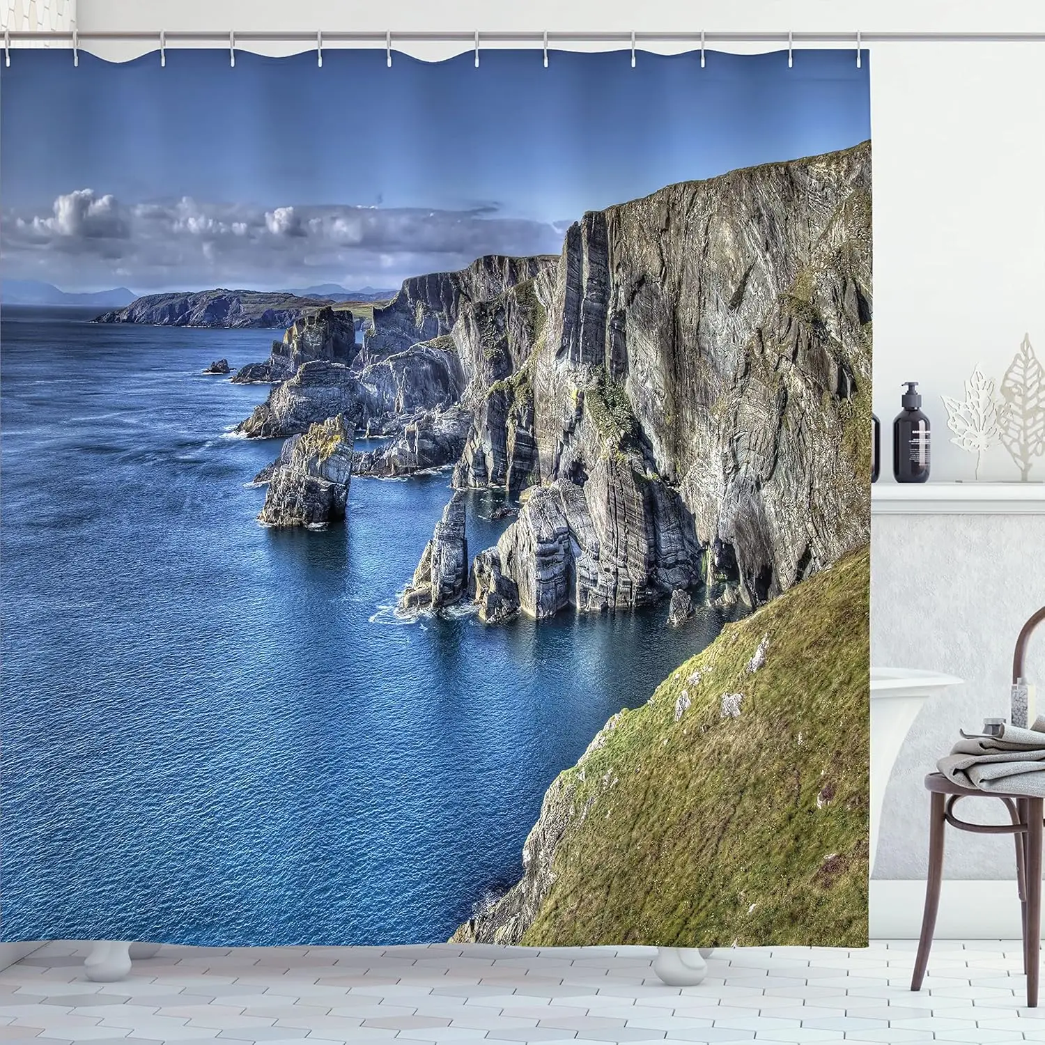 

Занавеска для душа Cliff с видом на океан, прибрежный пейзаж, природа, фотография, декор для ванной комнаты, лен 180x230