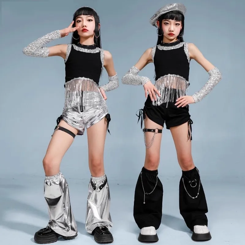 الفتيات الهيب هوب الترتر الفضة المحاصيل الأعلى البضائع السراويل الشارع الرقص السراويل طفل K-pop الجاز الملابس مجموعة الطفل أنيقة الشارع الشهير زي