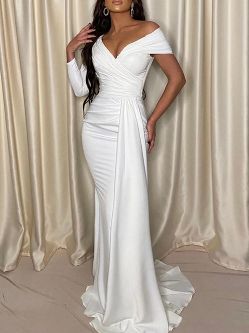 

2023 New Women's Dress Spring/Summer High Waist Simple Solid Color Sexy Off Shoulder Elegant Temperament Nightclub Evening Dress