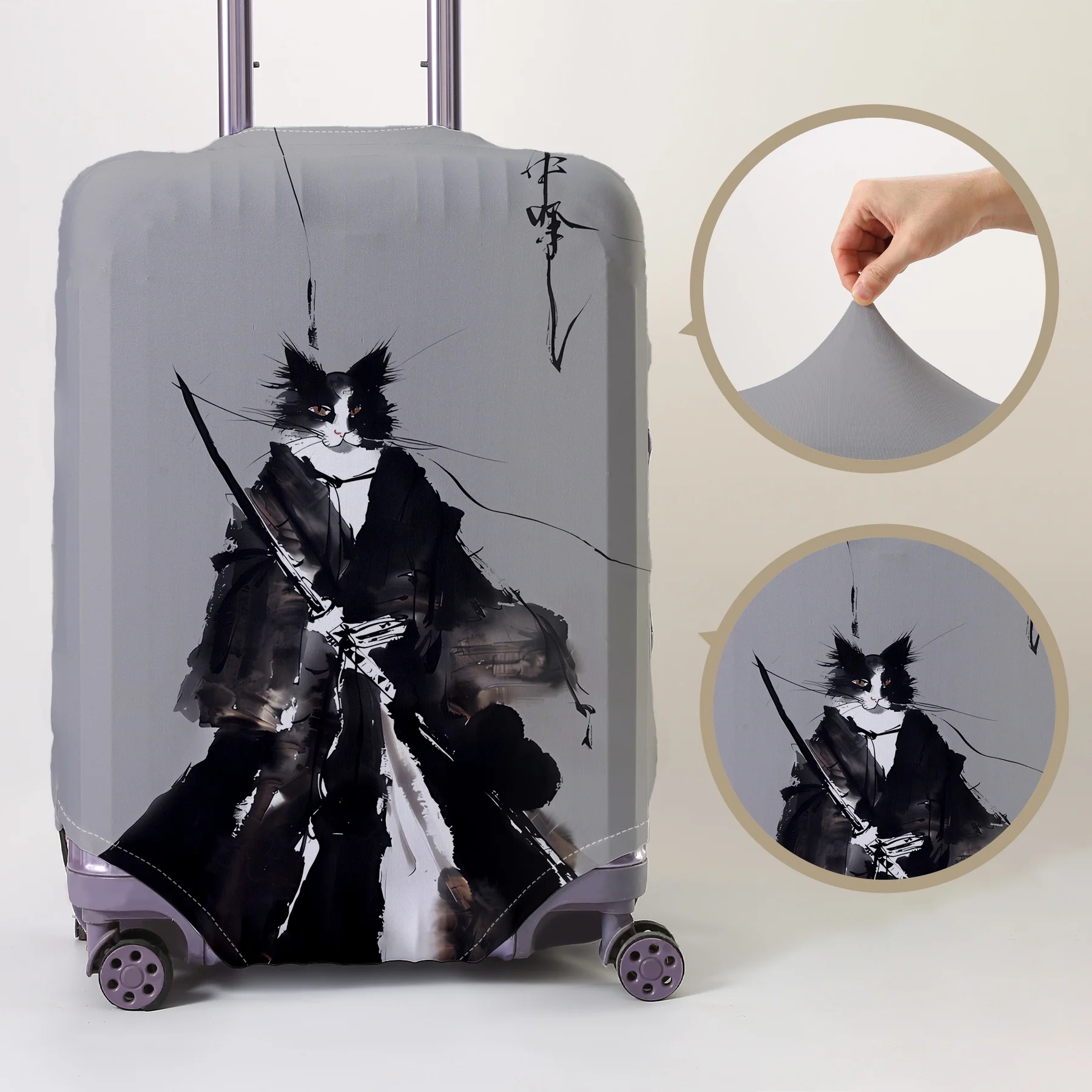 

Samurai Cat Ink Style Pattern Luggage Protective Cover, suitable for 18-32 inch luggage covers, luggage handle gloves, travel ac