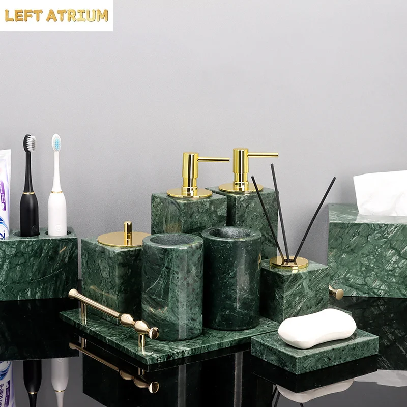 Indian Green Natural Marble Bathroom Accessories Retro Soap Dispenser Soap Dish Toothbrush Holder Tissue Box Bathroom Set