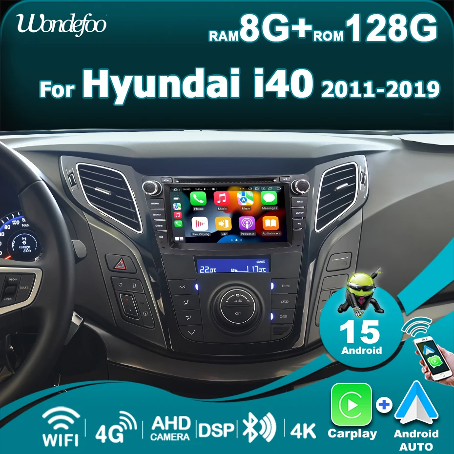 Autoradio 2 DIN con Schermo Multimediale da 7 Pollici Android 15, Carplay Wireless, Bluetooth e Sistema di Navigazione Intelligente per Hyundai I40 2011-2019