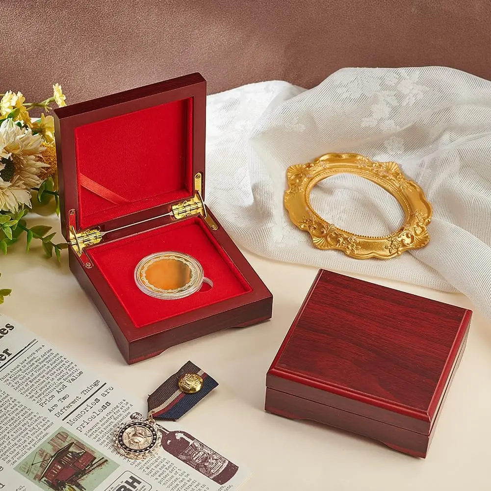 1pc Challenge Coin Wood Presentation Box Dark Red Square with Velvet Inside for 1.57inch Coin or Awards Wooden Commemorative