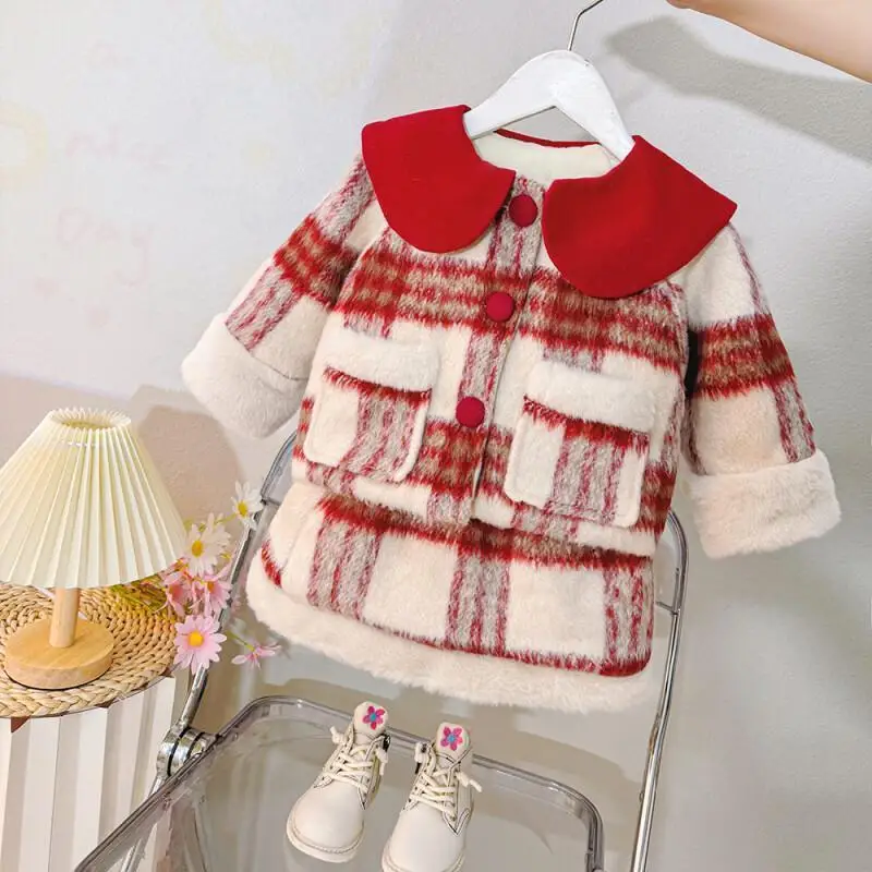 

Kawaii Casual Coat Tops Fashion 2 Piece Set Childrens Clothing Jacket Girls Winter 2025 New Style Casual Warm Lined Two Piece