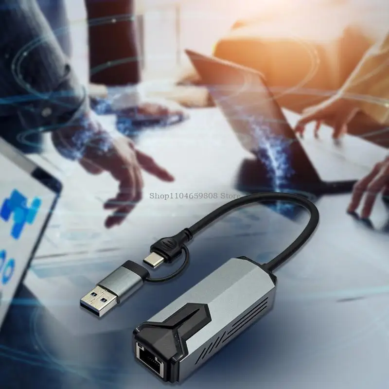 Konverter Ethernet USB Tipe C Portabel Adaptor LAN 5000Mbps untuk Laptop Tablet Daya Tahan Casing Logam Plug And Play