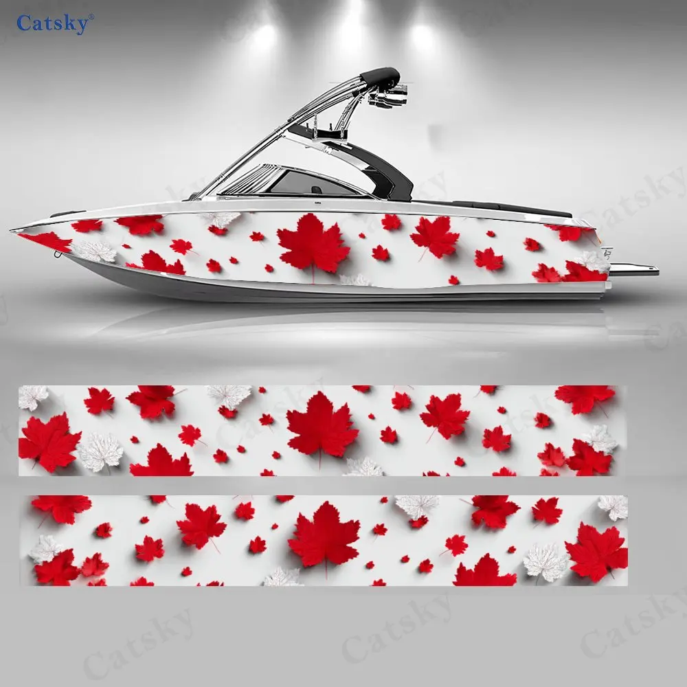Red & White Gradient Maple Leaf Boat Stickers, PVC Waterproof Vinyl Wrap Decals for Fishing Boats, Durable and Stylish Design
