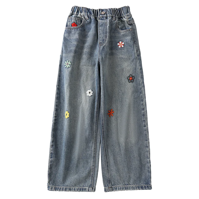 أزياء الخريف الفتيات كبيرة واسعة الساق منحني الجينز مع التطريز الأزهار الطفل شارع العليا زهرة الدنيم السراويل الاطفال بناطيل كاجوال #5