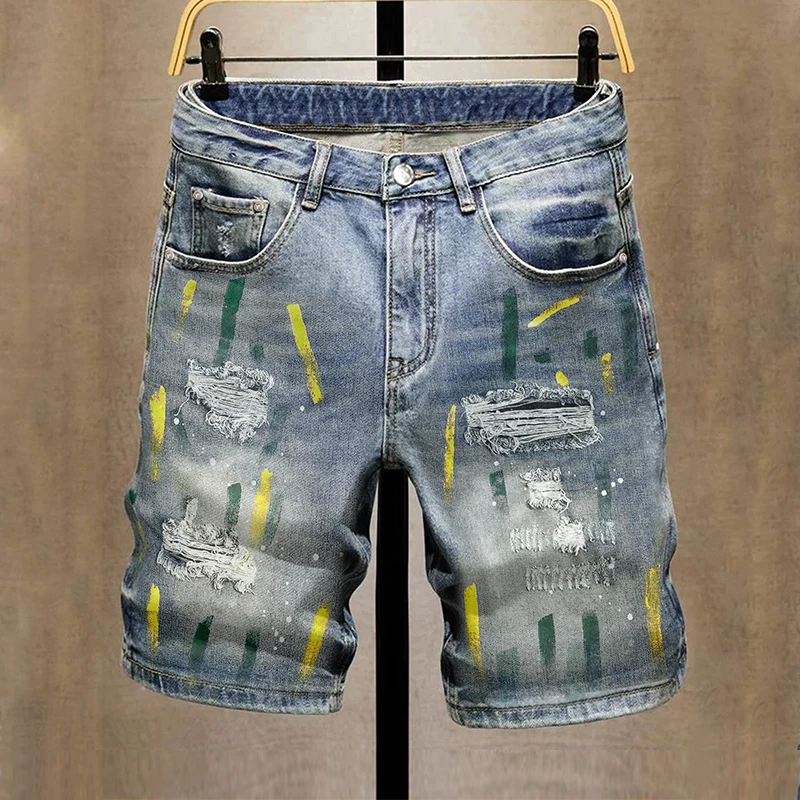 

Summer Shorts Men's Graffiti Ripped Loose Knee Jeans Streetwear Hip-hop Rock Y2K Fashion Loose Casual Straight Short Pants