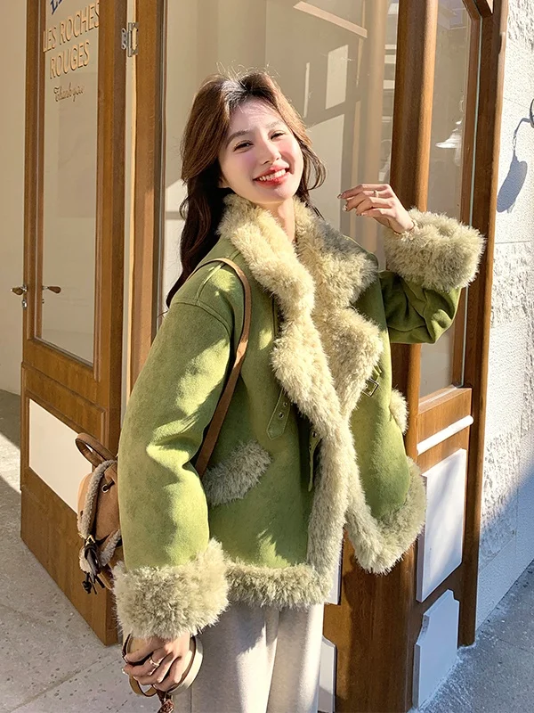 Damska kurtka z owczej wełny, bardzo ciepła, bawełniana bluzka, skórzana kurtka z futerkiem, nowość na jesień i zimę.