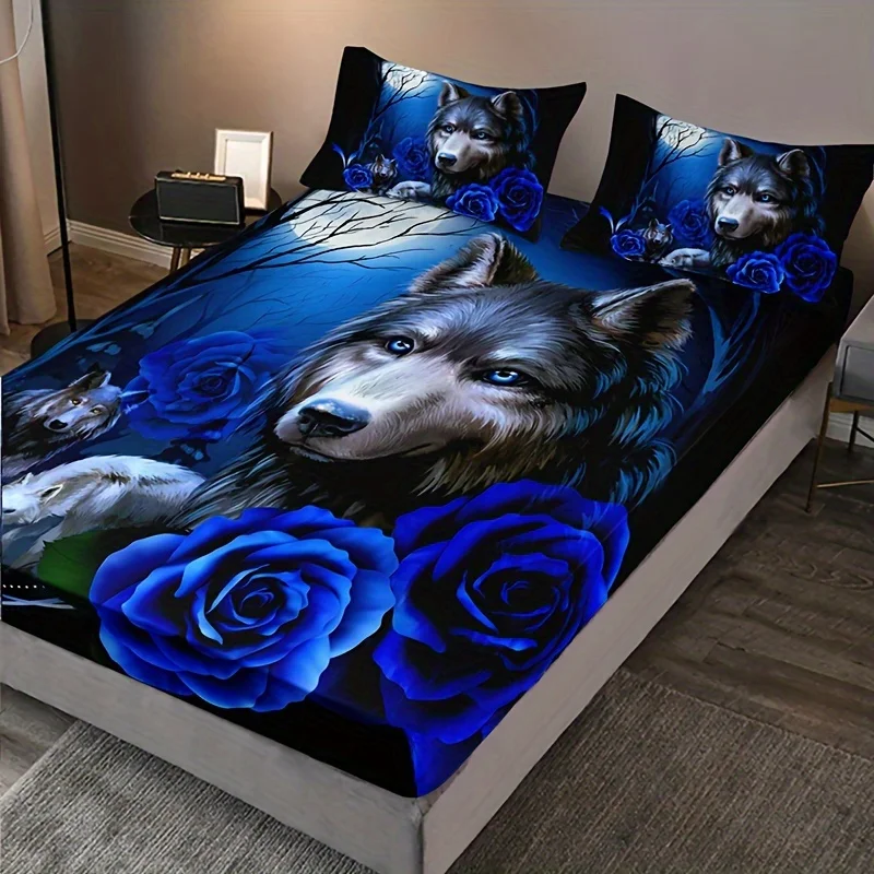 Fashionable Dark Night Rose Floral Animal Wolf Design Breathable Comfortable Mattress Protector, Breathable Polyester Material (includes 1 fitted sheet + 2 pillowcases), Mattress Protector, Fitted Sheet Style with Elastic Band, Protective Cover, Mattress Cover, Fitted Sheet Style Bedding, Christmas Theme Bedding