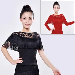 Long Sleeve Women Black Latin Dancing Dress Cloth Tango Dancing Red T-shirts 2024 Lace Neck Fringe Design Women Latin Dance Tops