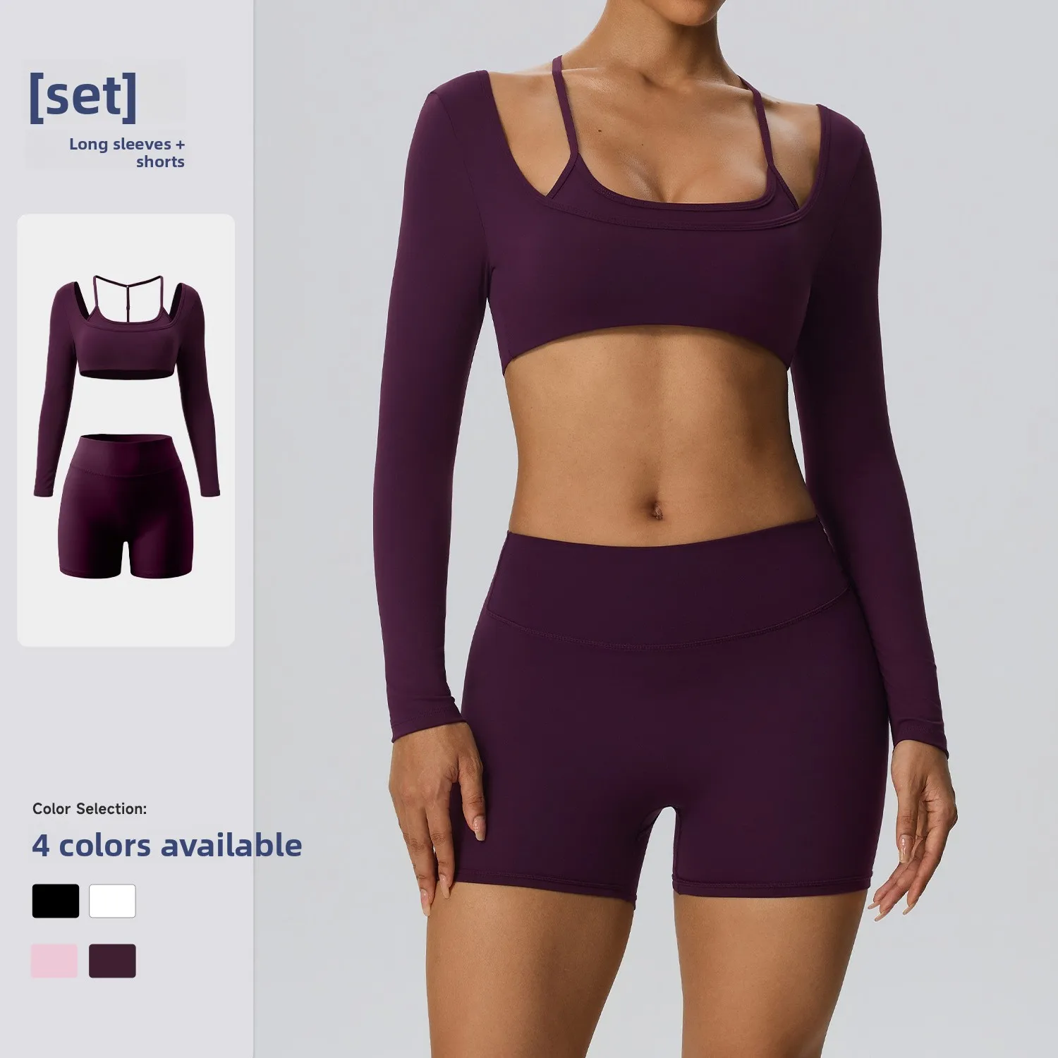 autumn winter Women's Yoga set sexy long sleeved peach hip shorts quick drying double grinding sports fitness two-piece set