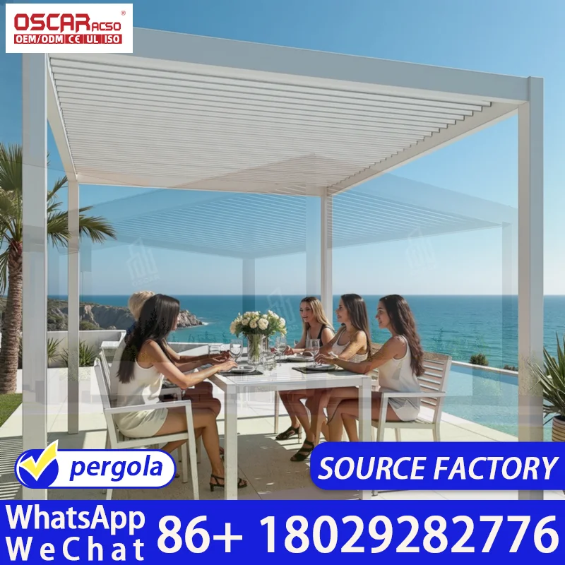 Aluminum Outdoor Waterproof Louvered Roof Pergola Patio Cover Sun Shade Canopy Remote Control Electric Smart Modern Gazebo Garde