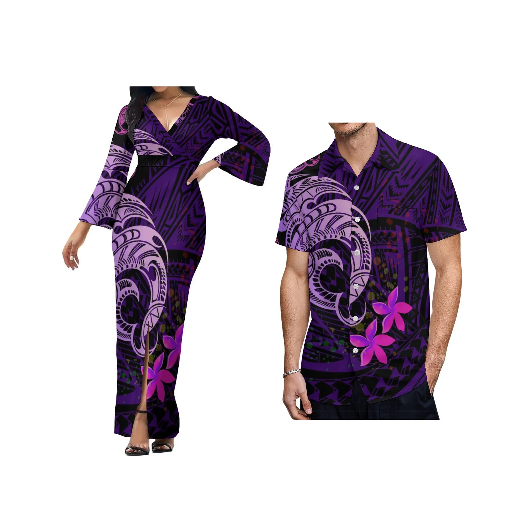 New Wholesale Custom Polynesian Tonga Tribal Printed Maxi Dresses Ladies Bell Sleeves Samoan Dresses Big Size Clothing