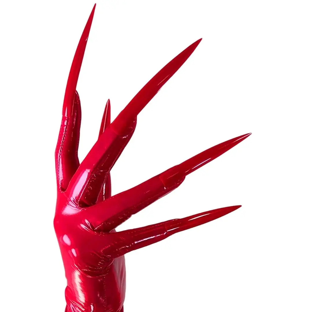 

DooWay Latex Long Nail GLOVES Bright Red Wetlook 70cm Long Rubber Gloves with NAILS Faux Leather Ultra Thin TECH Fashion Costume