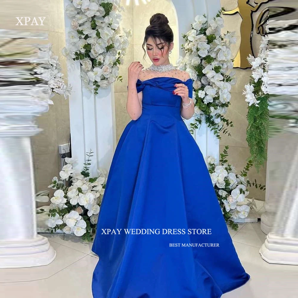 

XPAY High Neck Dubai Arabic Women Evening Dresses Blue Sparkly Diamond Satin Floor Length Formal Party Prom Gowns Plus Size