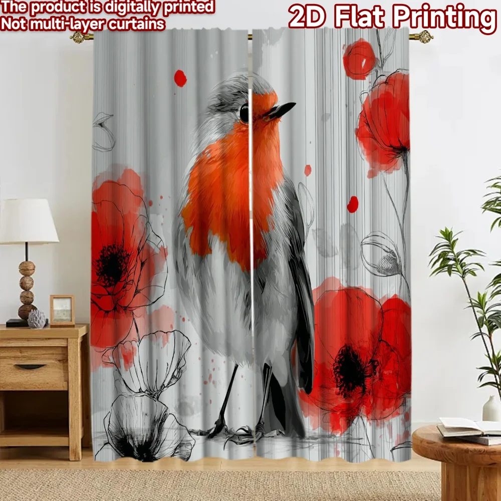 2D flat 2pcs Curtain Retro Country Style Curtains Robin with Red Digitally printed polyester Birthday Party for Door Wall Yard