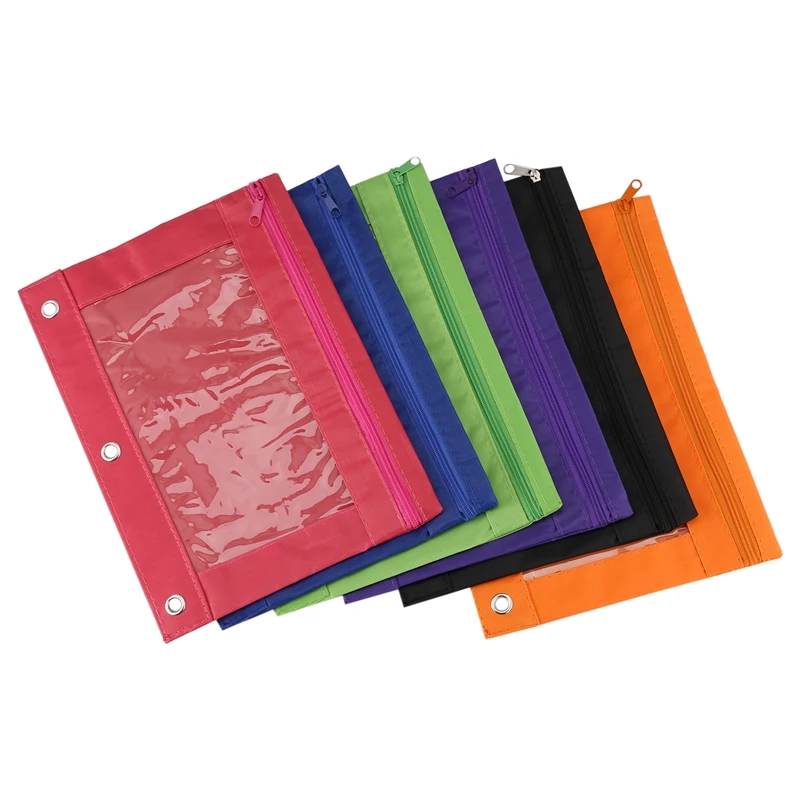 

NEW-6 Pieces Ring Binder Pouch Pencil Bag With Holes 3-Ring Zipper Pouches With Clear Window (6 Colors)