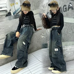 Cargo Jeans for Teenage Girls 2024 Autumn Loose Casual Elastic Waist Children Wide Leg Pants Design Streetwear Kids Trousers