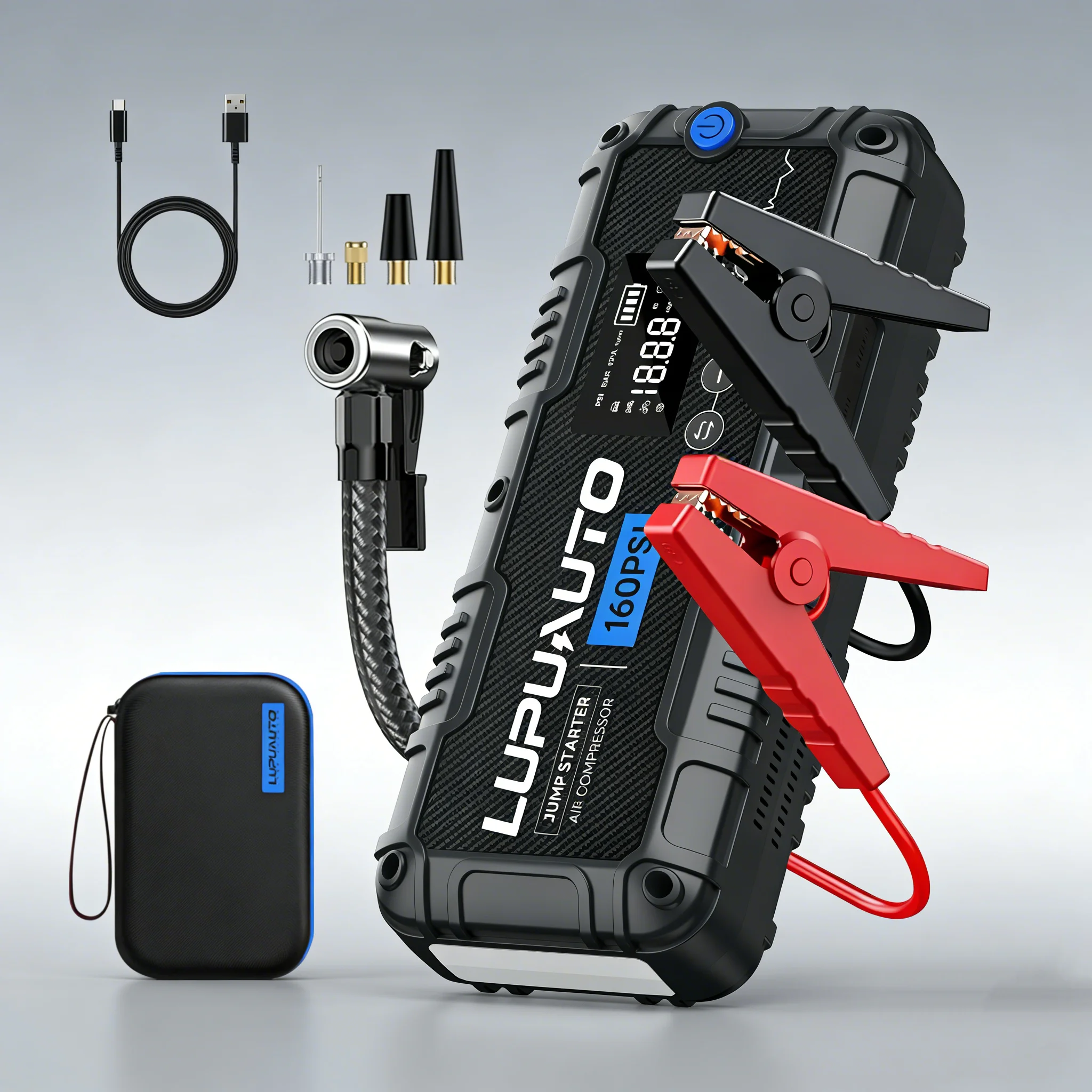 4 In 1 Car Jump Starter with LED Lighting 4000A Portable Car Battery Charger Power Bank Tire Inflator Pump 160PSI Air Compressor