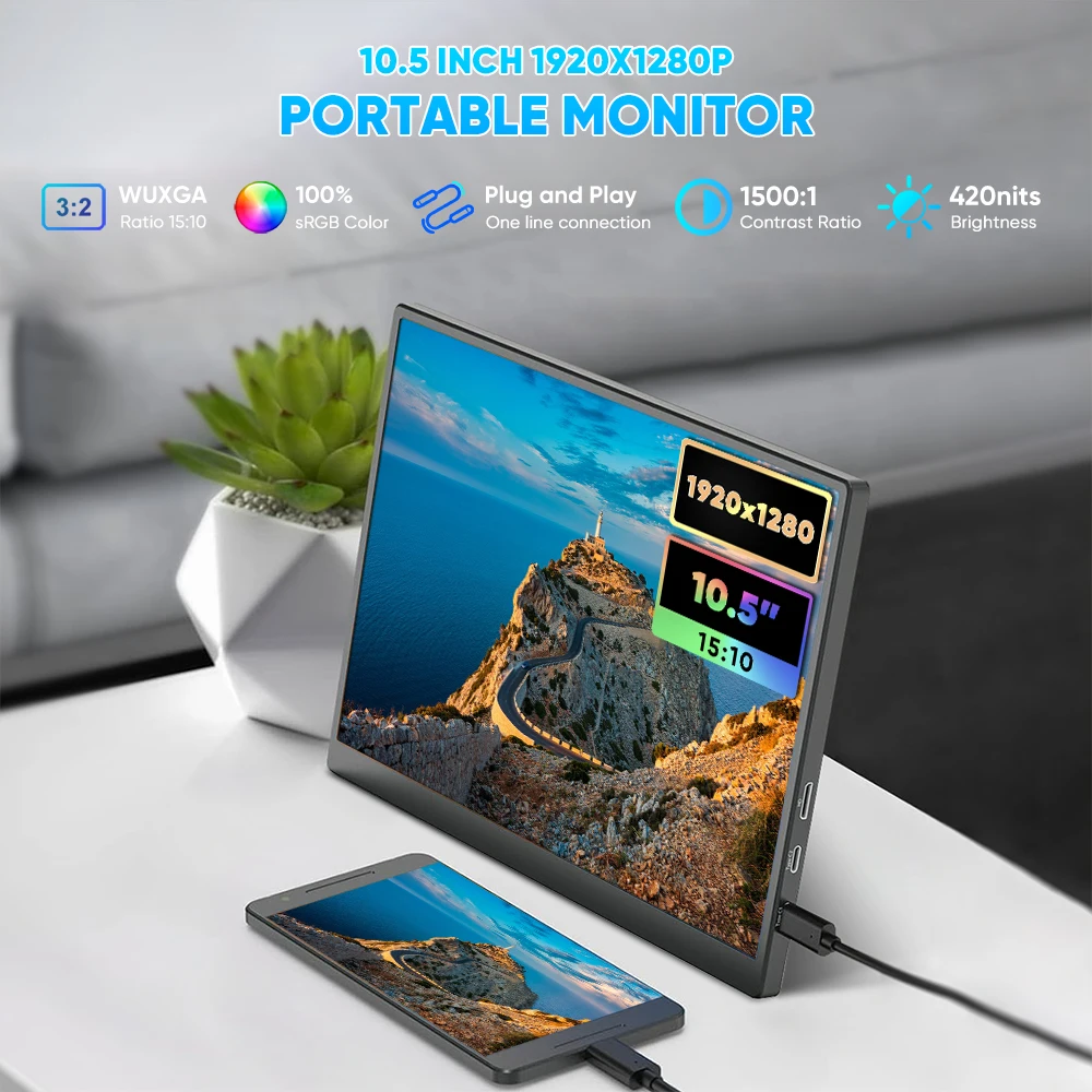10.5 Inch IPS LED Portable Monitor Type-C Interface 1920x1280 Resolution Built-in Speaker USB Widescreen for Gaming