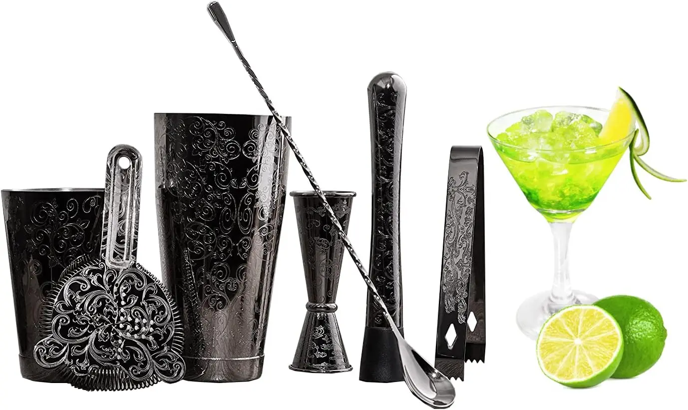 

Bartender Kit Cocktail Shaker Set - 7 Pieces Stainless Steel Black Plated Bar Tools with Boston Shaker, Mixing Spoon, Muddler,
