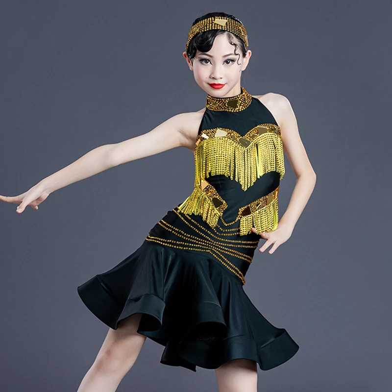 New Latin Dance Competition Dress Girls Golden Strass Tassel Dress Kids Latin Dance Clothes Stage Performance Costume BL13495