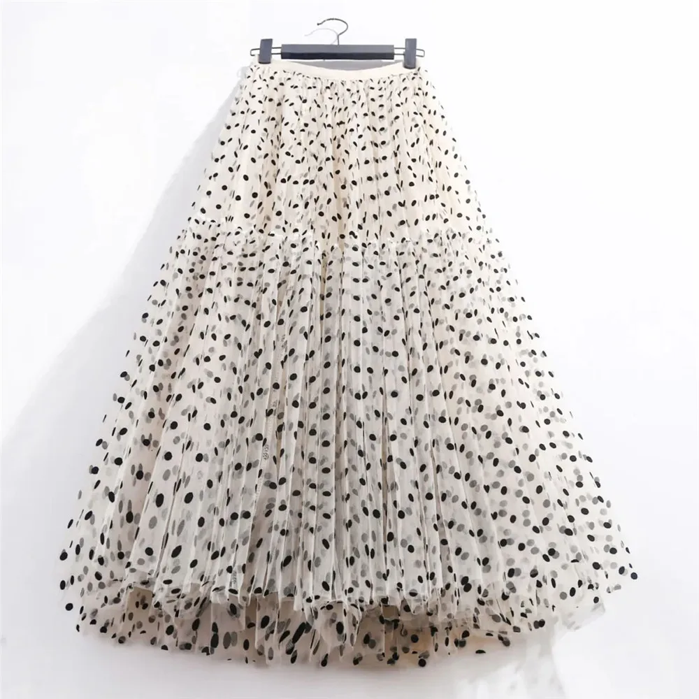 Elegant Polka Dot Tulle Skirts Women Casual Mesh Elastic High Waist A-Line Skirt Female Party Beach Princess Midi Pleated Skirt